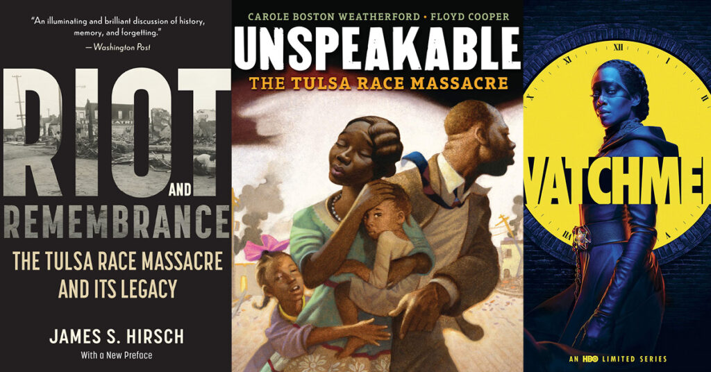 Covers of "Riot and Remembrance," "Unspeakable: The Tulsa Race Massacre," and "Watchmen," the HBO limited series.