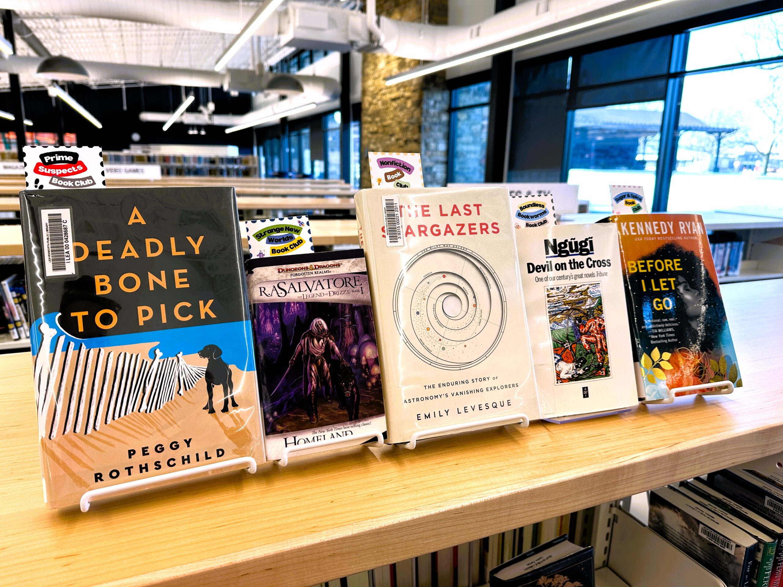 Each of the February 2025 book club selections is displayed side by side. From left to right, the books are: A Deadly Bone to Pick, Homeland, The Last Stargazers, Devil on the Cross, and Before I Let Go.